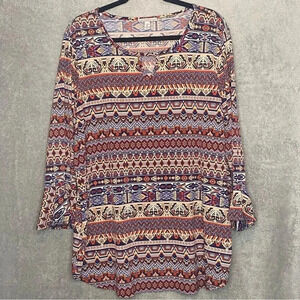 DRESSBARN 2X Top Shirt Red Boho Aztec Scoop Neck Keyhole Bell 3/4 Sleeve P11